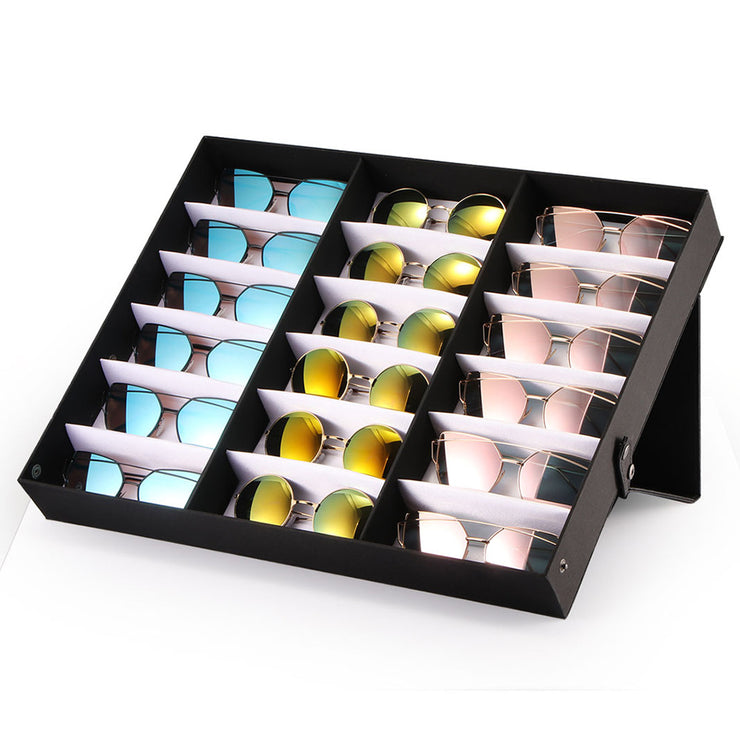 18 Slot Glasses Display Box Eyewear Sunglass Jewelry Watches Display Storage Case with Stand Function